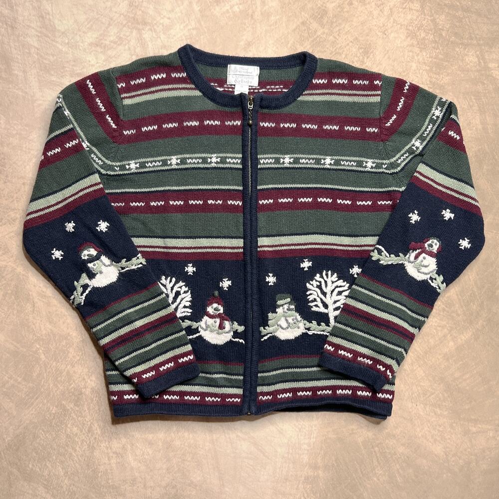 Vintage Y2K Hand Embroidered Snowman Sweater Multicolor Knit Zip Up Christmas